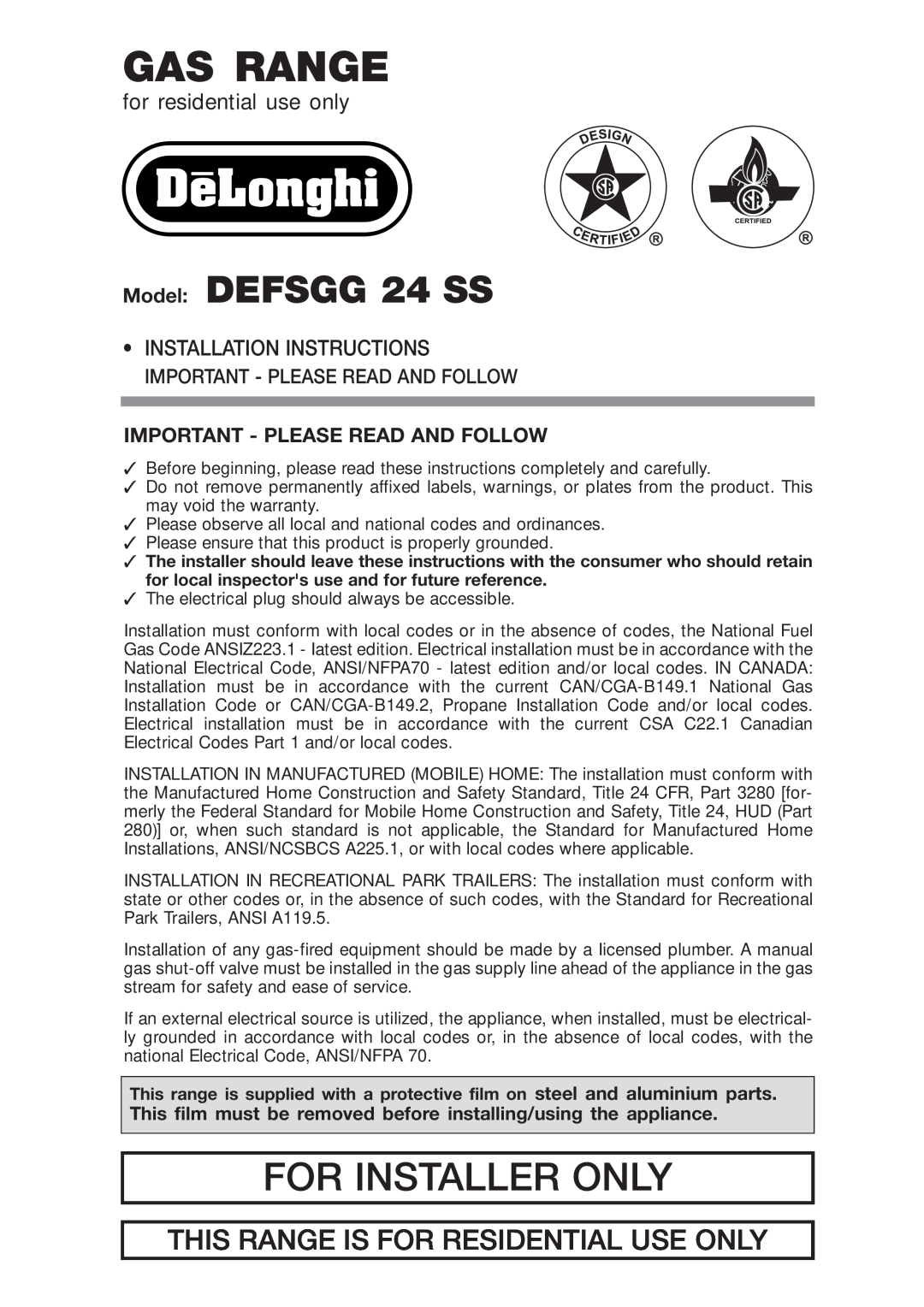 DeLonghi DEFSGG 24 SS installation instructions Important - Please Read And Follow, Gas Range, For Installer Only 