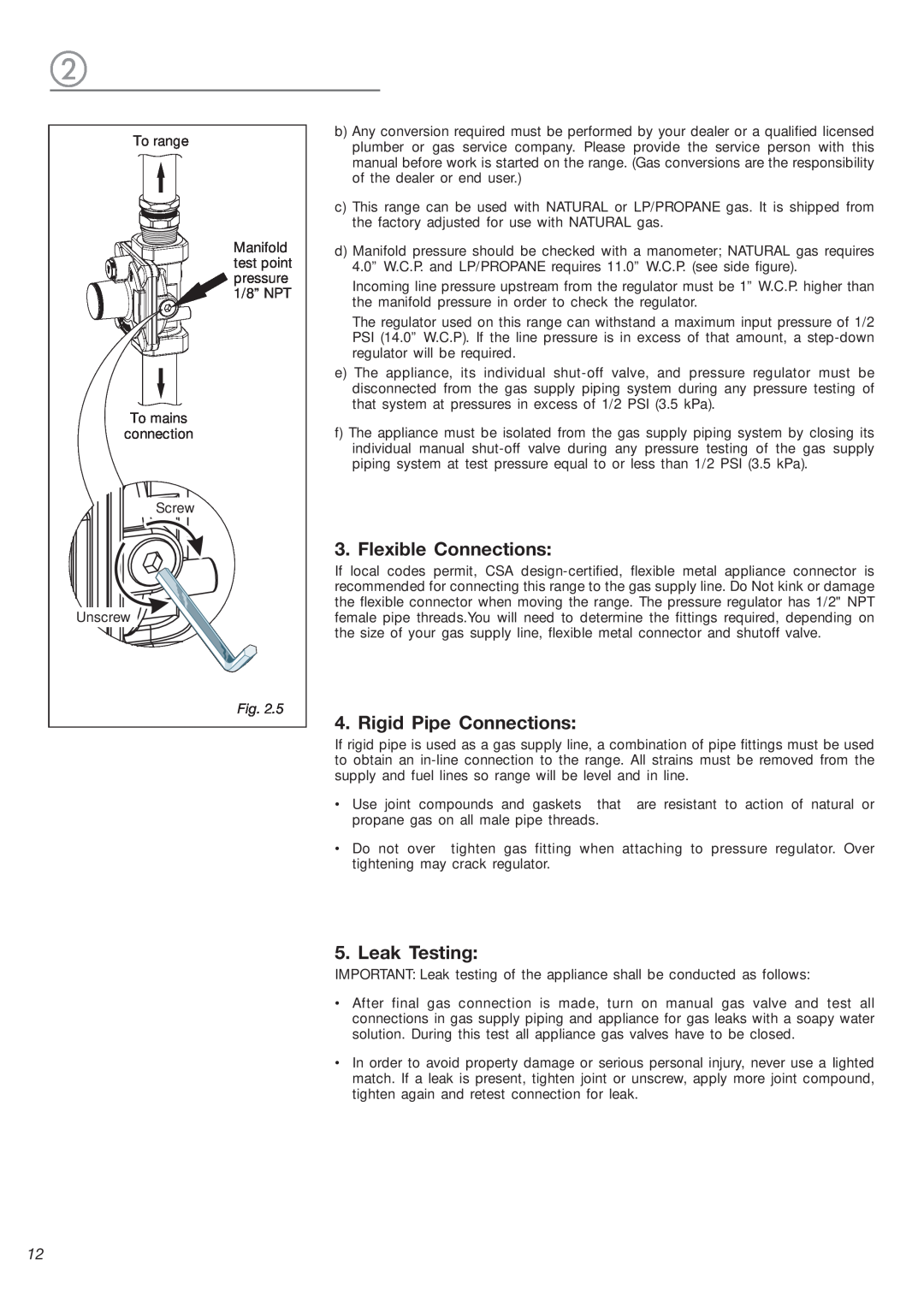 DeLonghi DEFSGG 24 SS installation instructions Flexible Connections, Rigid Pipe Connections, Leak Testing 
