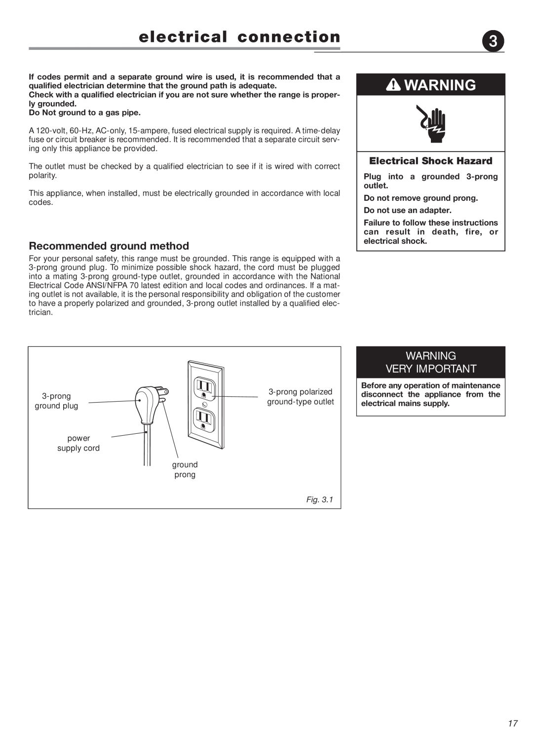 DeLonghi DEFSGG 24 SS installation instructions electrical connection, Recommended ground method, Very Important 