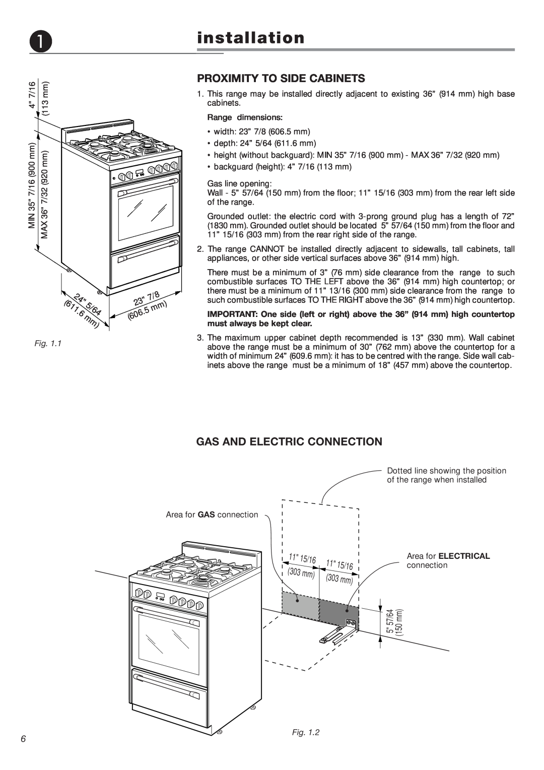DeLonghi DEFSGG 24 SS installation instructions Proximity To Side Cabinets, Gas And Electric Connection 