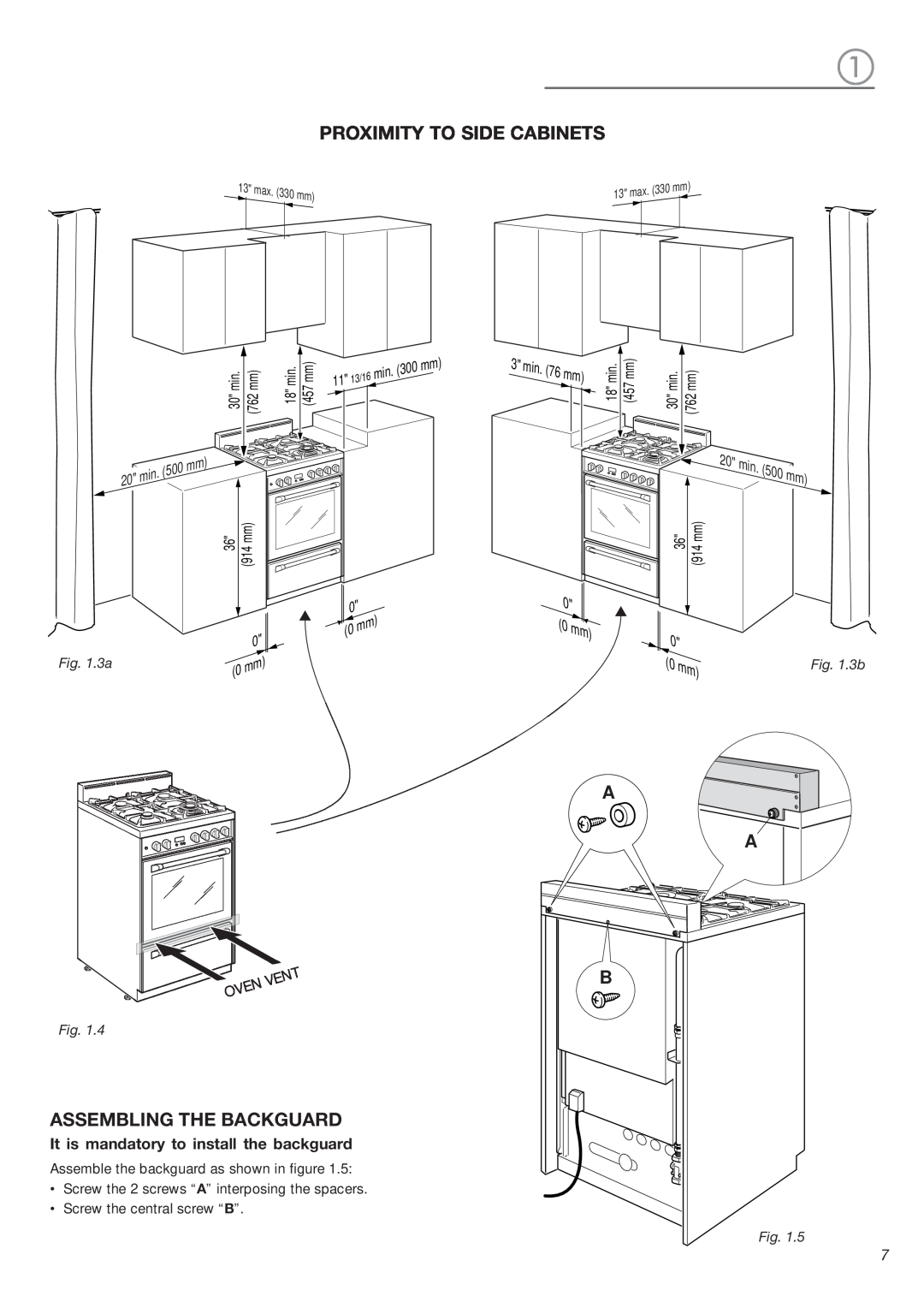 DeLonghi DEFSGG 24 SS Proximity To Side Cabinets, Assembling The Backguard, 0 0 mm, 3a, 3b, 13/16, 30 min. 762 mm, 3 min 