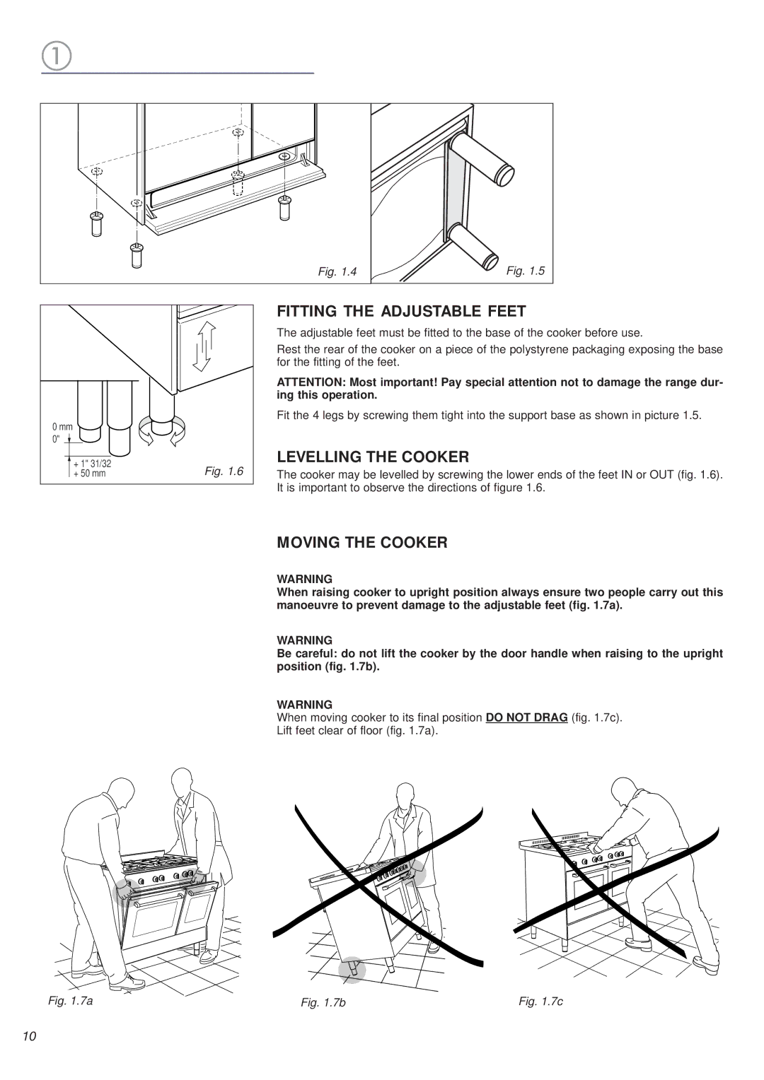 DeLonghi DEFSGG 36 warranty Fitting the Adjustable Feet, Levelling the Cooker, Moving the Cooker 