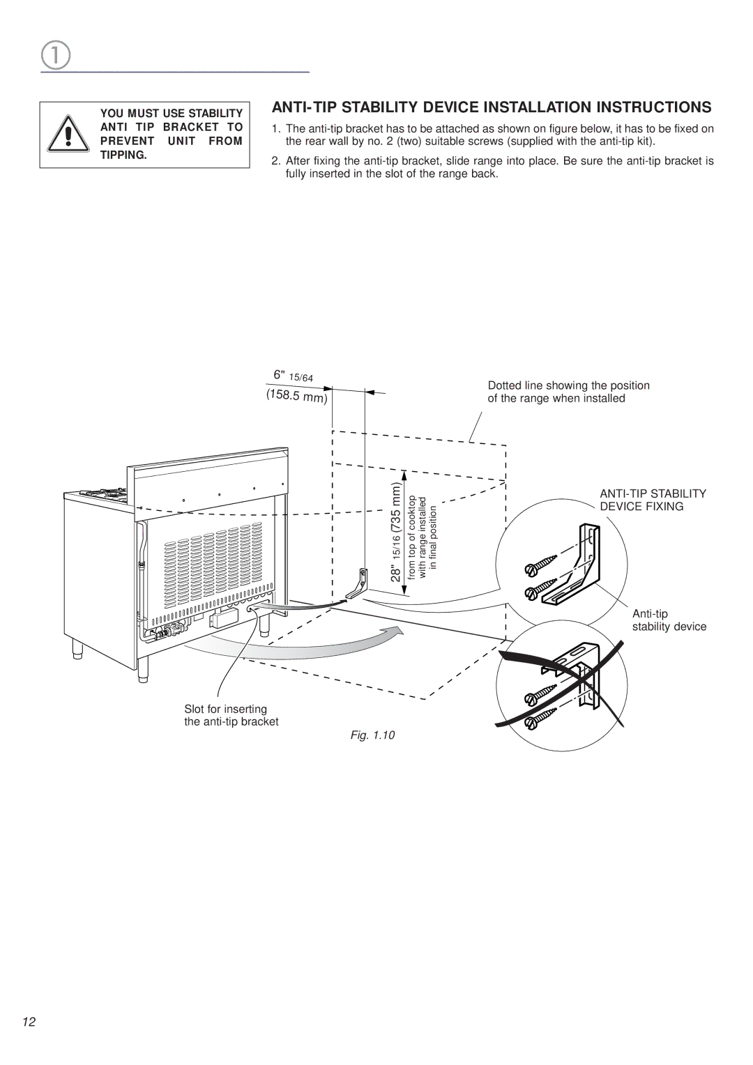 DeLonghi DEFSGG 36 warranty ANTI-TIP Stability Device Installation Instructions, 28 15/16 735 mm 