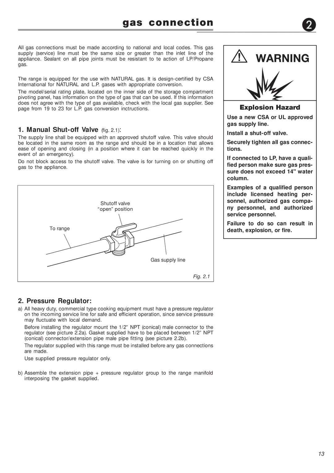 DeLonghi DEFSGG 36 warranty Manual Shut-off Valve fig, Explosion Hazard, Pressure Regulator 