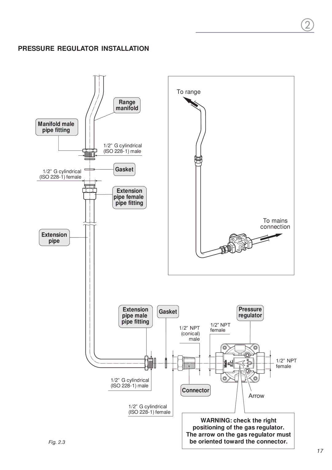 DeLonghi DEFSGG 36 warranty Pressure Regulator Installation, Range Manifold Manifold male Pipe fitting 