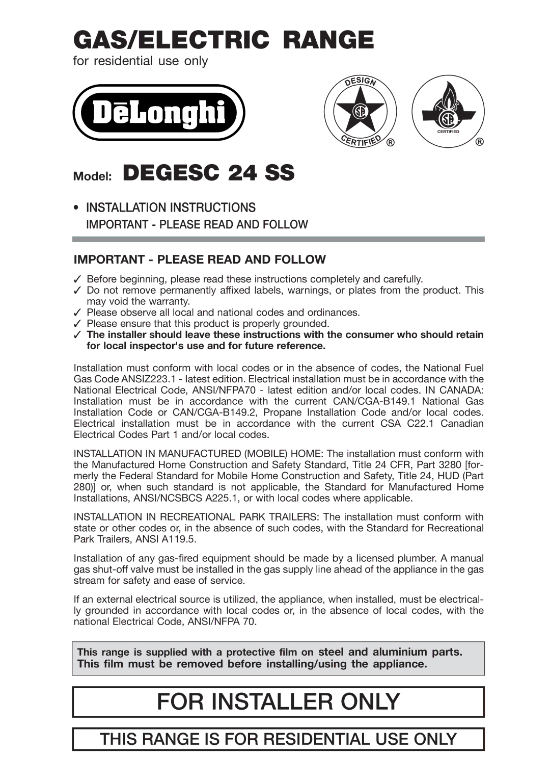 DeLonghi DEGESC24SS installation instructions GAS/ELECTRIC Range 