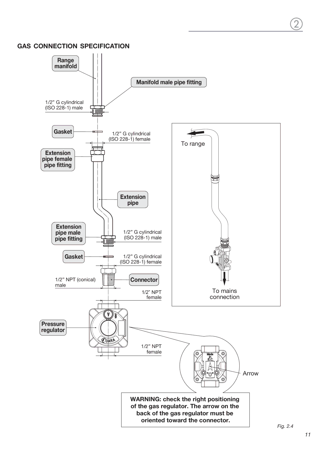 DeLonghi DEGESC24SS installation instructions GAS Connection Specification, Extension, Pressure regulator 