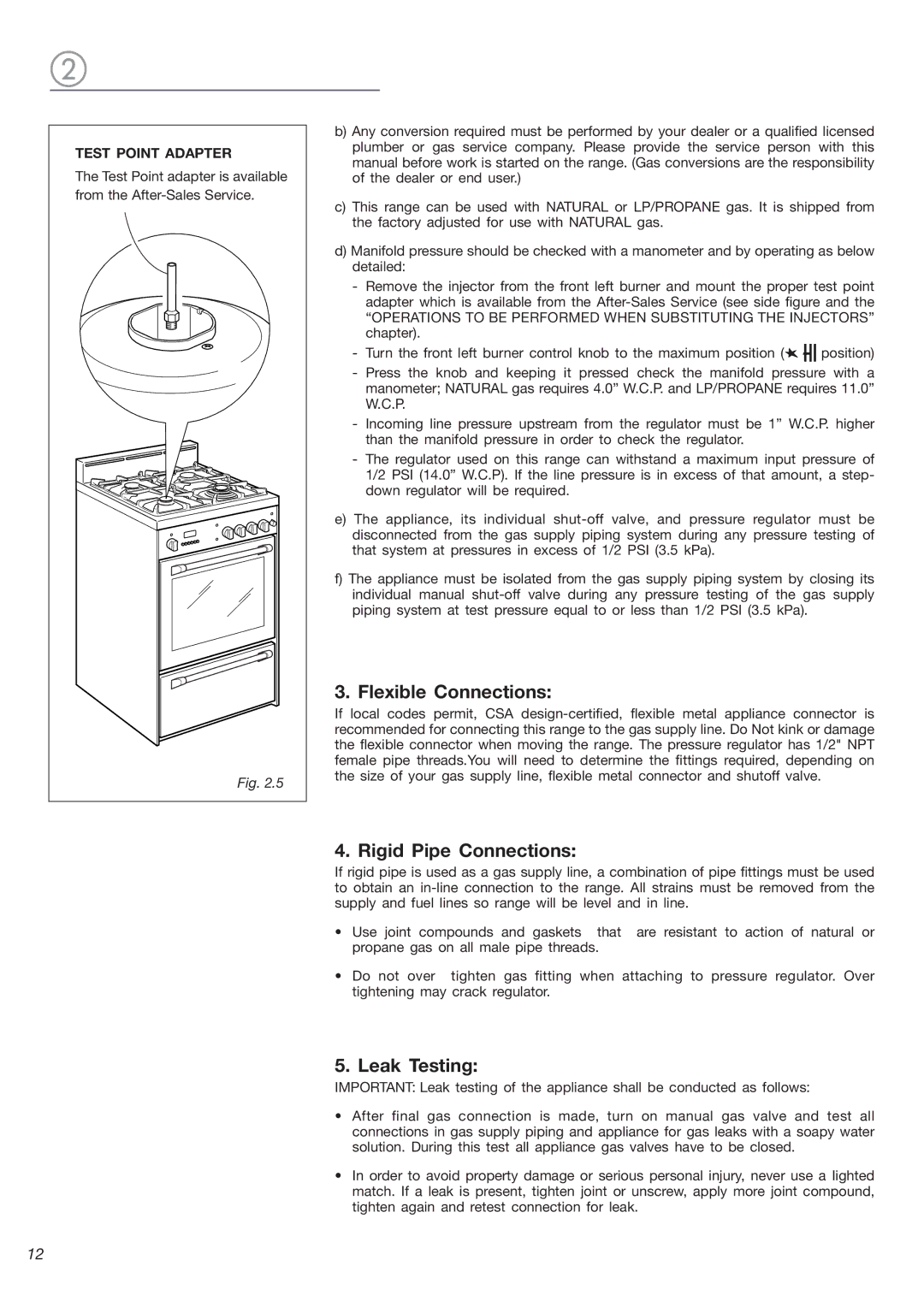 DeLonghi DEGESC24SS installation instructions Flexible Connections, Rigid Pipe Connections, Leak Testing 