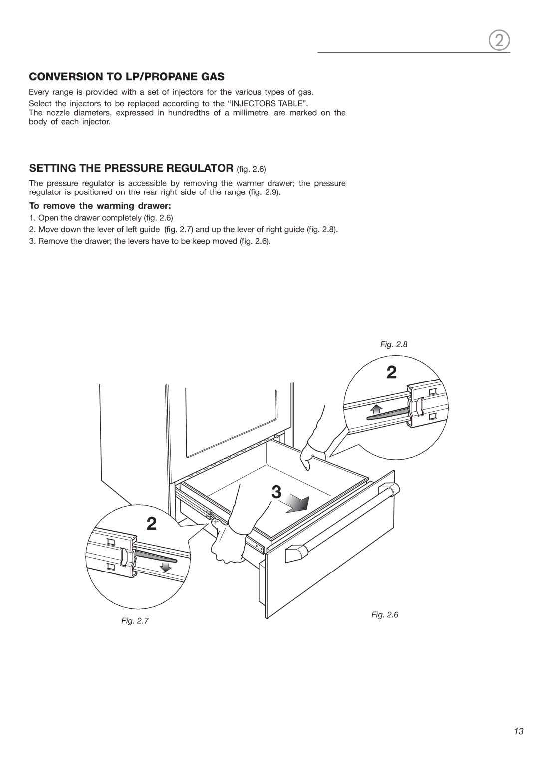 DeLonghi DEGESC24SS Conversion to LP/PROPANE GAS, Setting the Pressure Regulator fig, To remove the warming drawer 