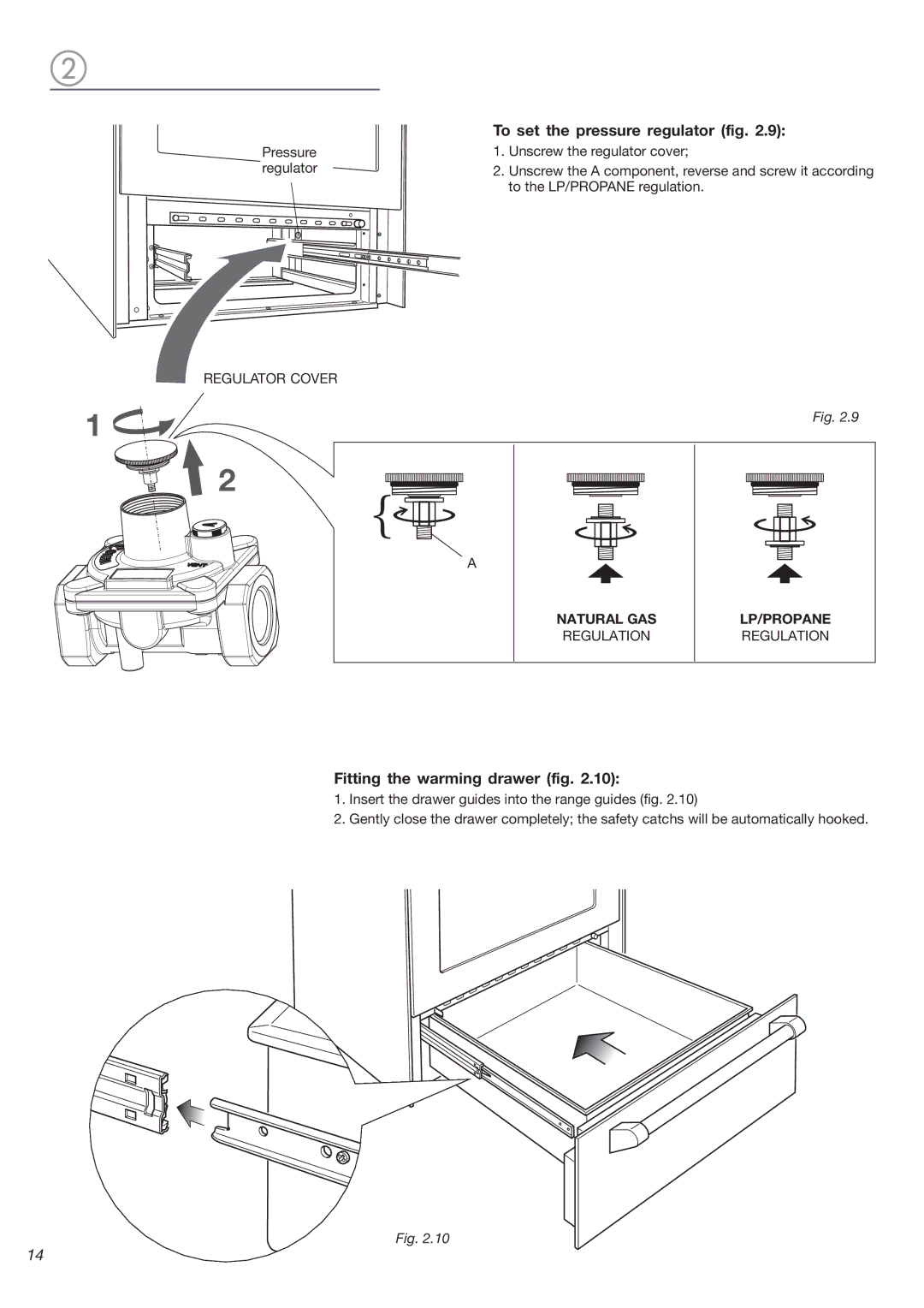 DeLonghi DEGESC24SS installation instructions To set the pressure regulator fig, Fitting the warming drawer fig 