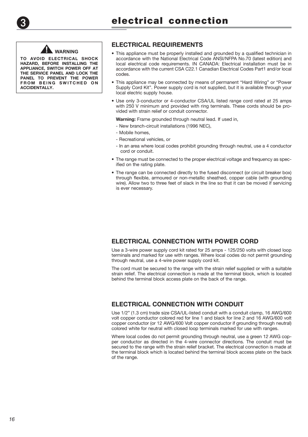 DeLonghi DEGESC24SS Electrical Requirements, Electrical Connection with Power Cord, Electrical Connection with Conduit 