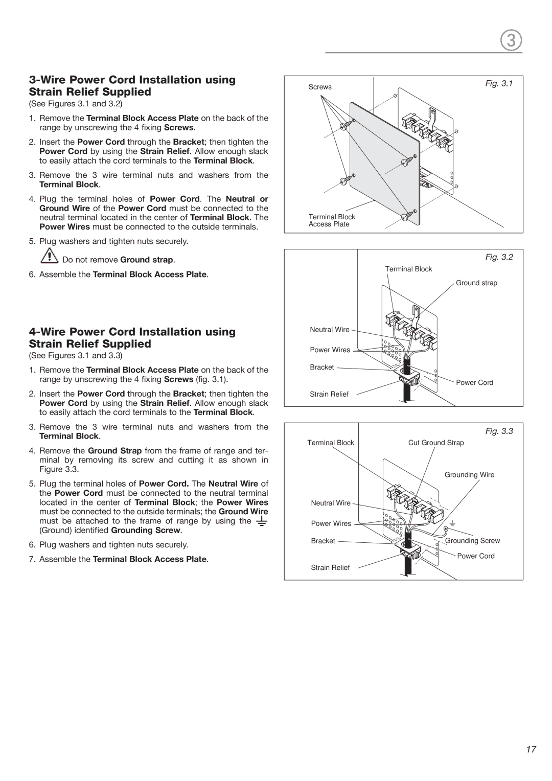 DeLonghi DEGESC24SS installation instructions Wire Power Cord Installation using Strain Relief Supplied 