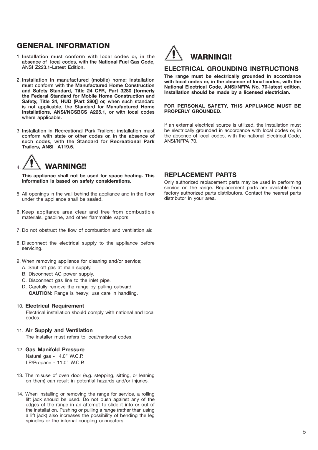 DeLonghi DEGESC24SS Electrical Grounding Instructions, Replacement Parts, Electrical Requirement, Gas Manifold Pressure 