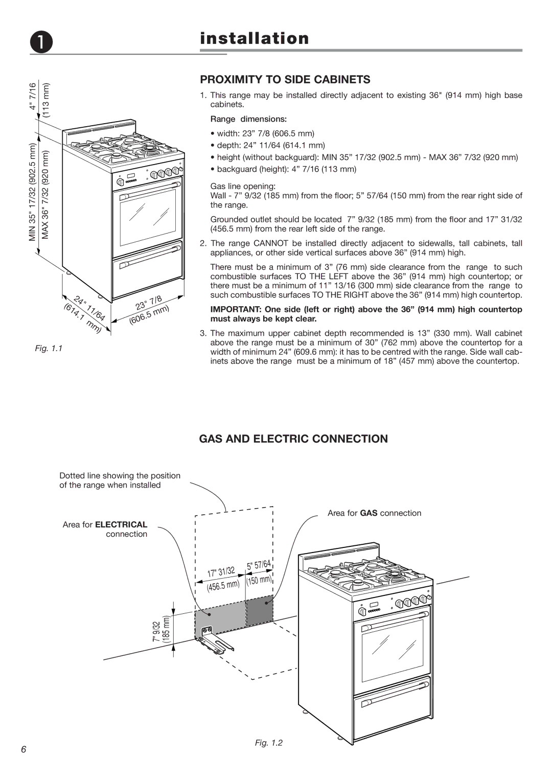 DeLonghi DEGESC24SS installation instructions Proximity to Side Cabinets, GAS and Electric Connection 