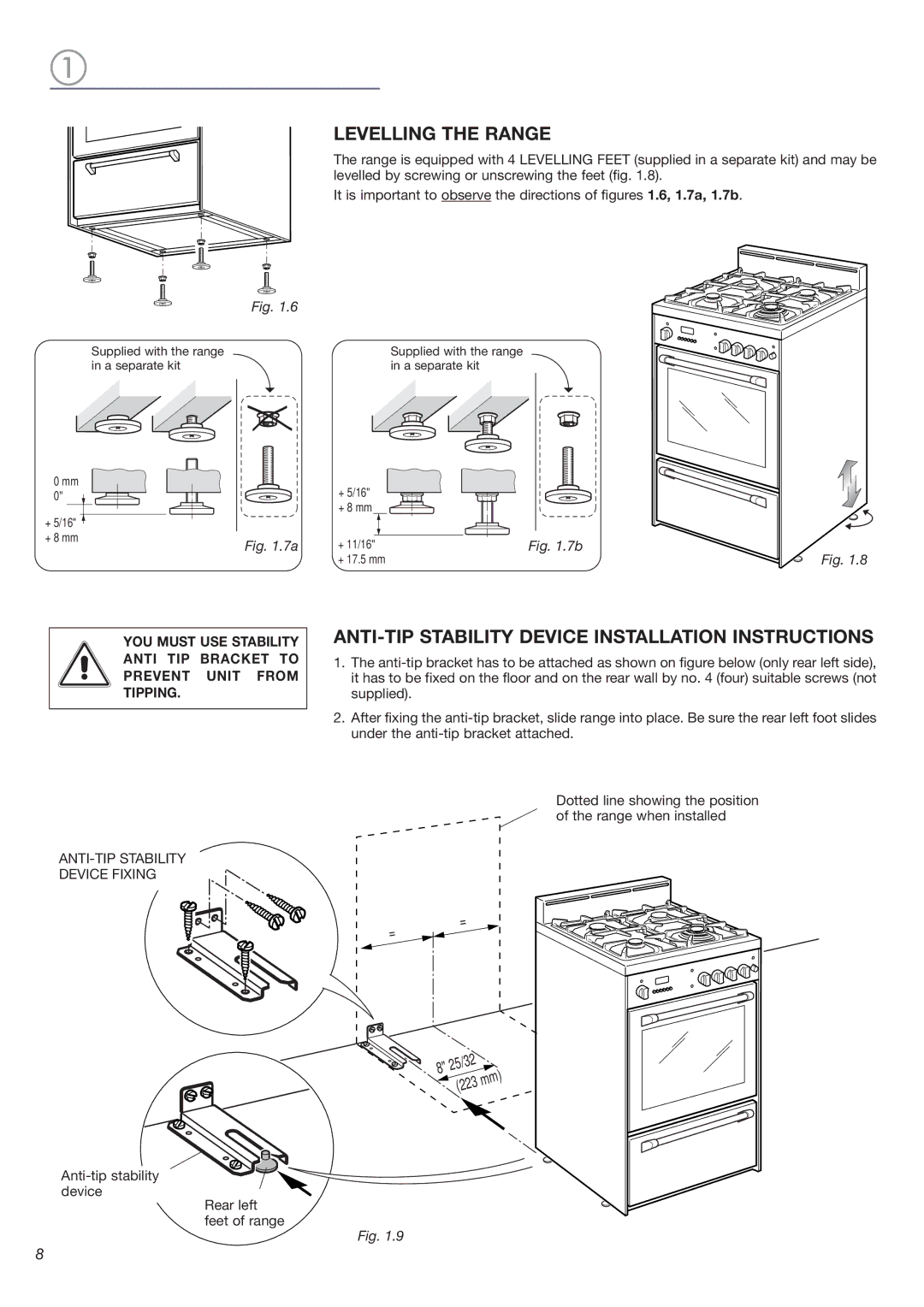 DeLonghi DEGESC24SS installation instructions Levelling the Range, ANTI-TIP Stability Device Installation Instructions 