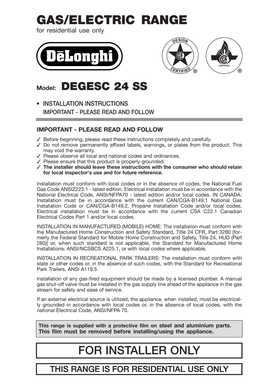 DeLonghi DEGESC24SS installation instructions Important - Please Read And Follow, Gas/Electric Range, For Installer Only 