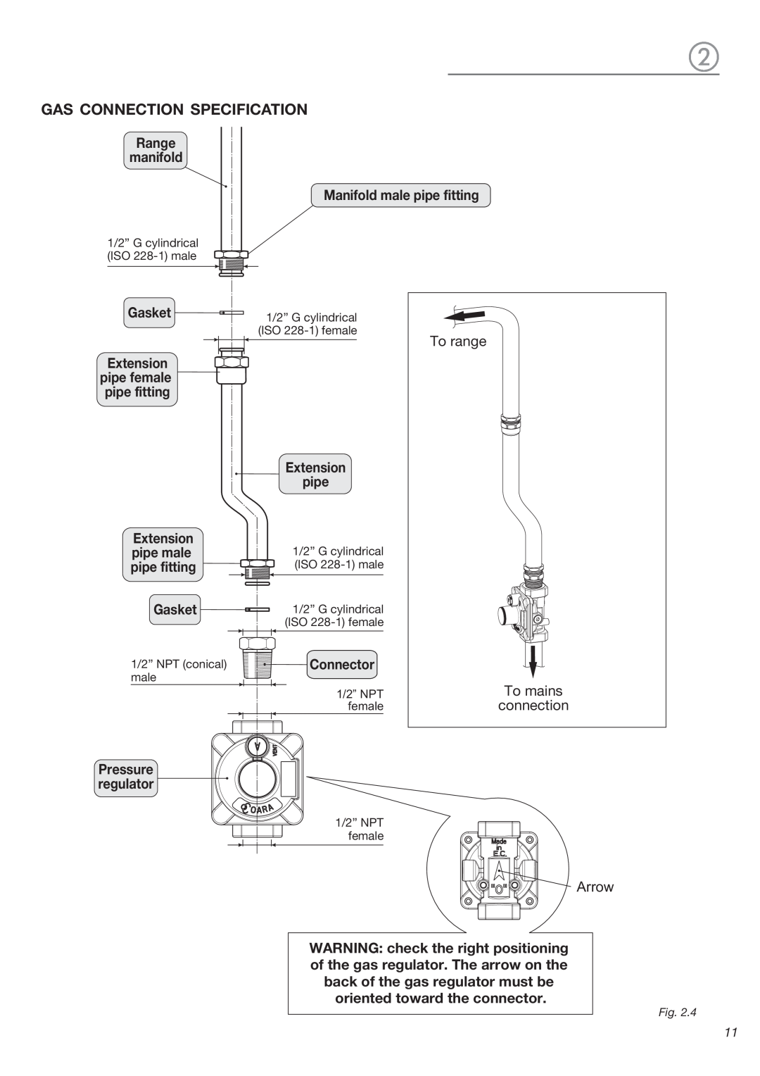 DeLonghi DEGESC24SS installation instructions Gas Connection Specification, To range, To mains, connection, Arrow 