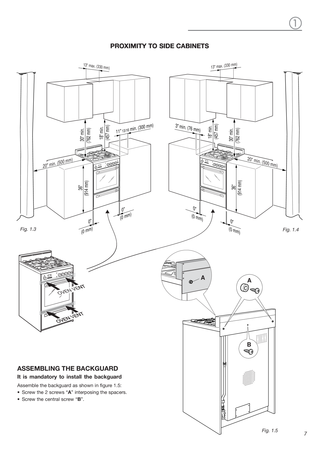 DeLonghi DEGESC24SS Proximity To Side Cabinets, Assembling The Backguard, Aa B, 0 0 mm, 30 min. 762 mm, 18 min. 457 mm 