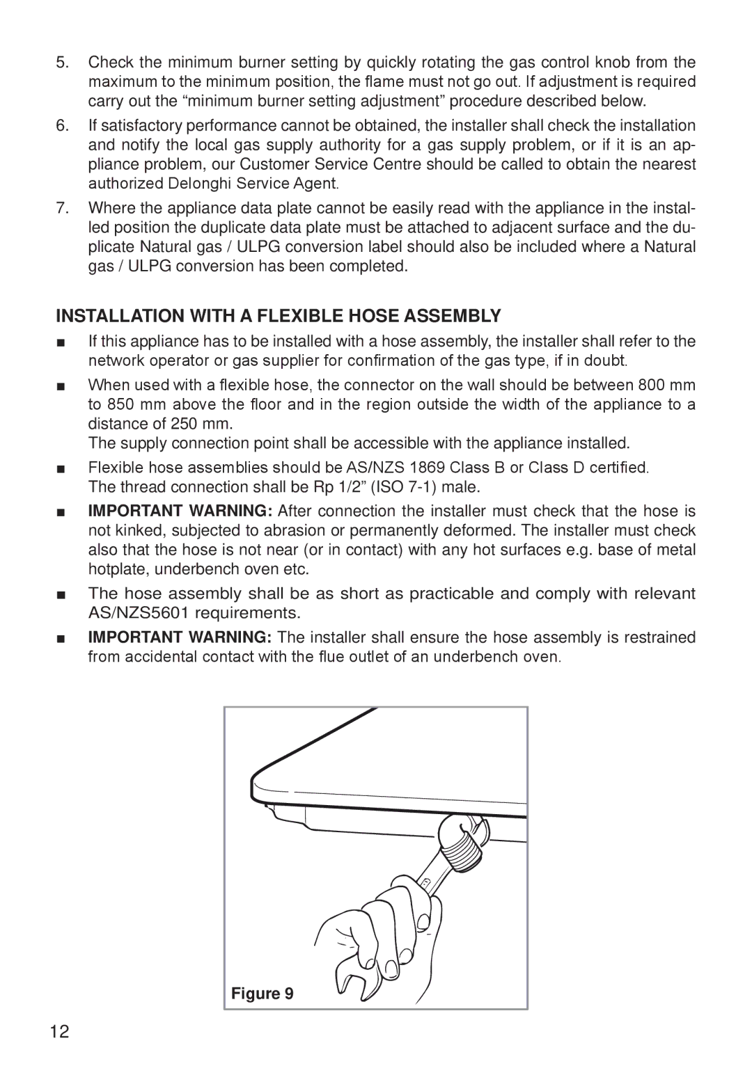 DeLonghi DEGH60BG, DEGH70BG, DEGH90BG manual Installation with a Flexible Hose Assembly 