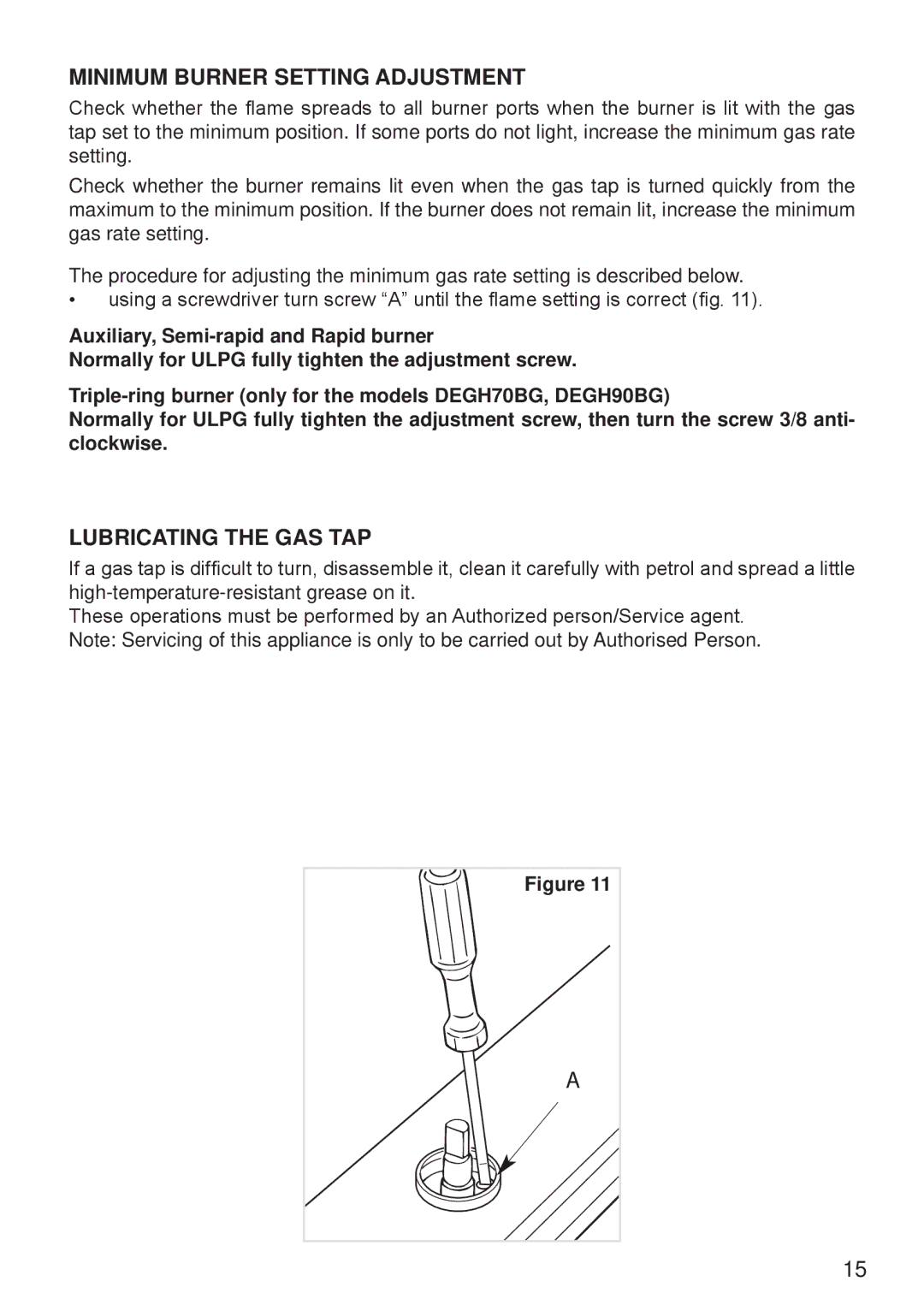 DeLonghi DEGH60BG, DEGH70BG, DEGH90BG manual Minimum Burner Setting Adjustment, Lubricating the GAS TAP 