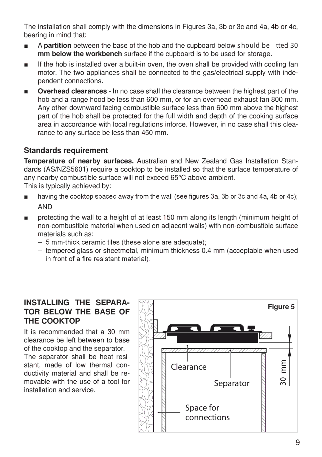 DeLonghi DEGH60BG, DEGH70BG, DEGH90BG manual Standards requirement, Installing the SEPARA- TOR below the Base of the Cooktop 