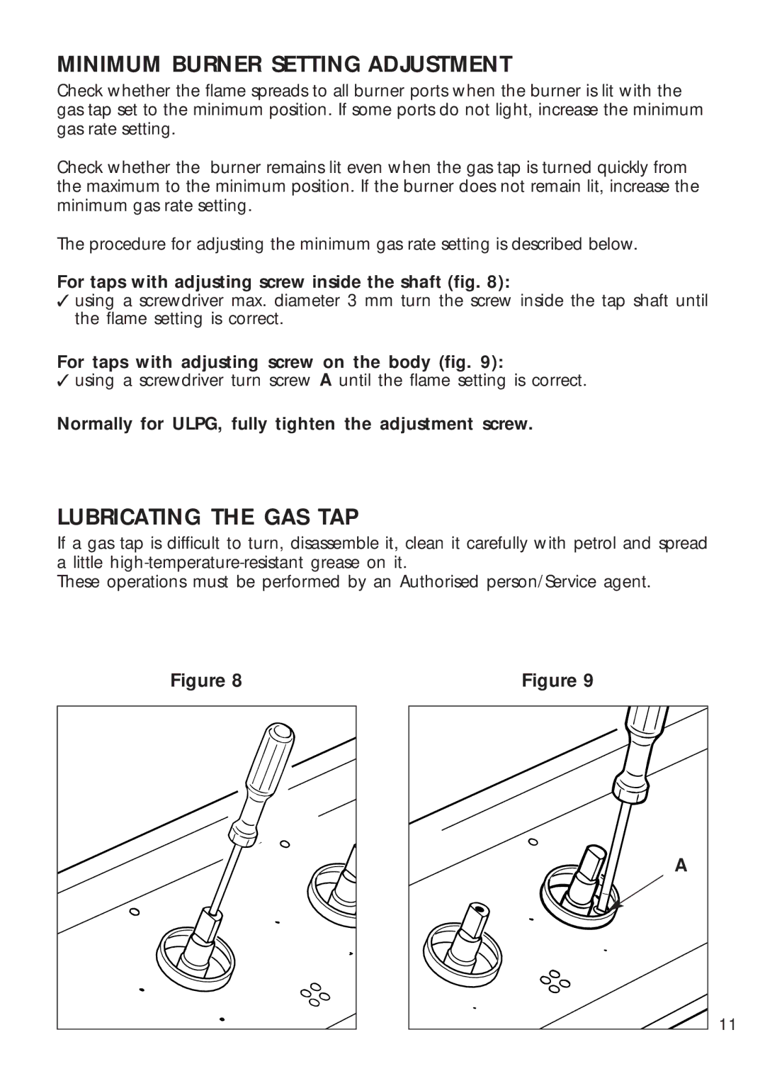 DeLonghi DEGH60ST, DEGH60WT manual Minimum Burner Setting Adjustment, Lubricating the GAS TAP 