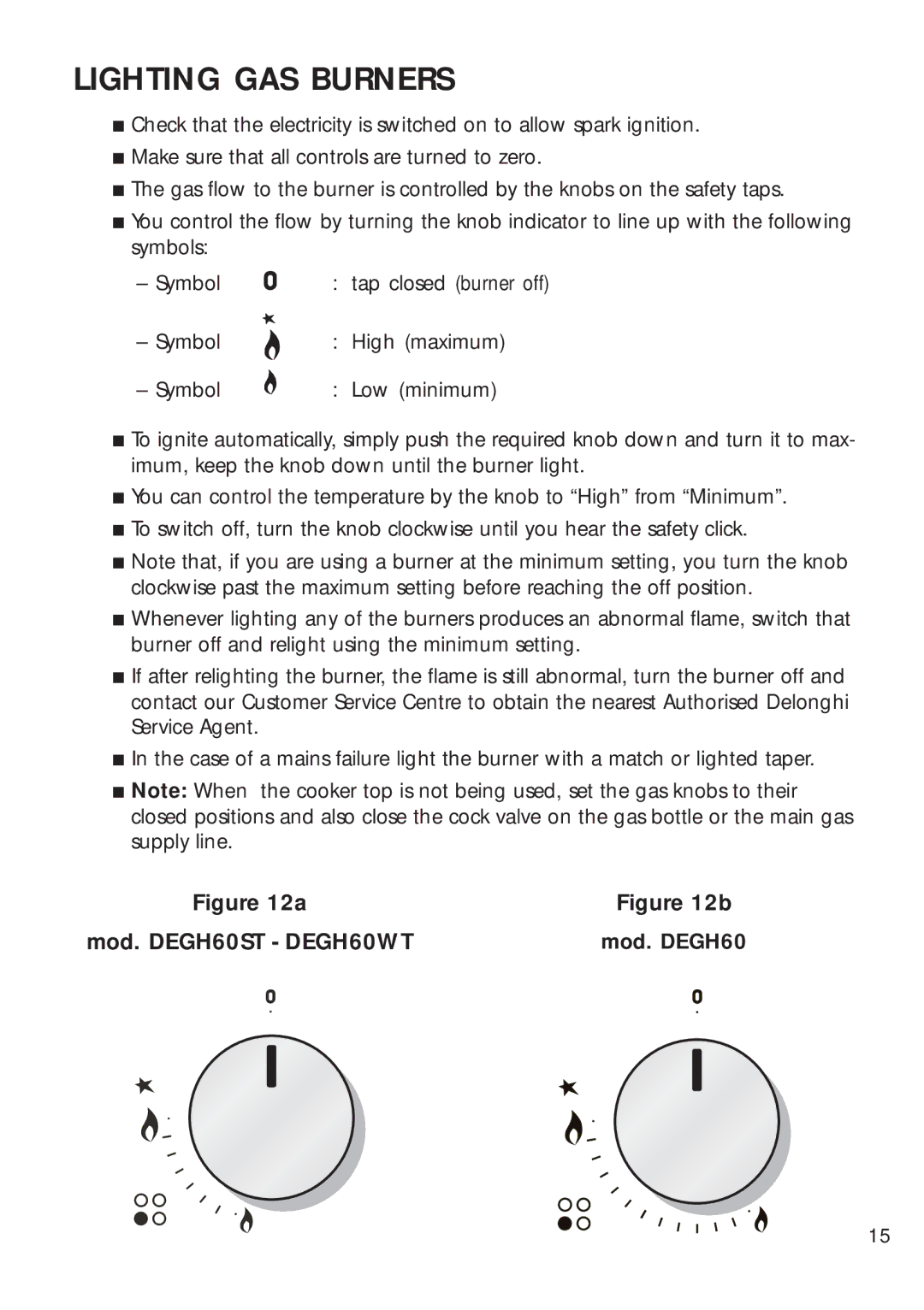 DeLonghi DEGH60WT, DEGH60ST manual Lighting GAS Burners 