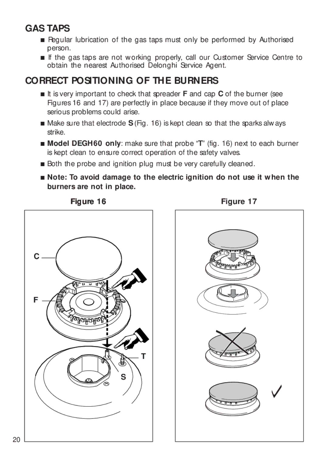 DeLonghi DEGH60ST, DEGH60WT manual GAS Taps, Correct Positioning of the Burners 