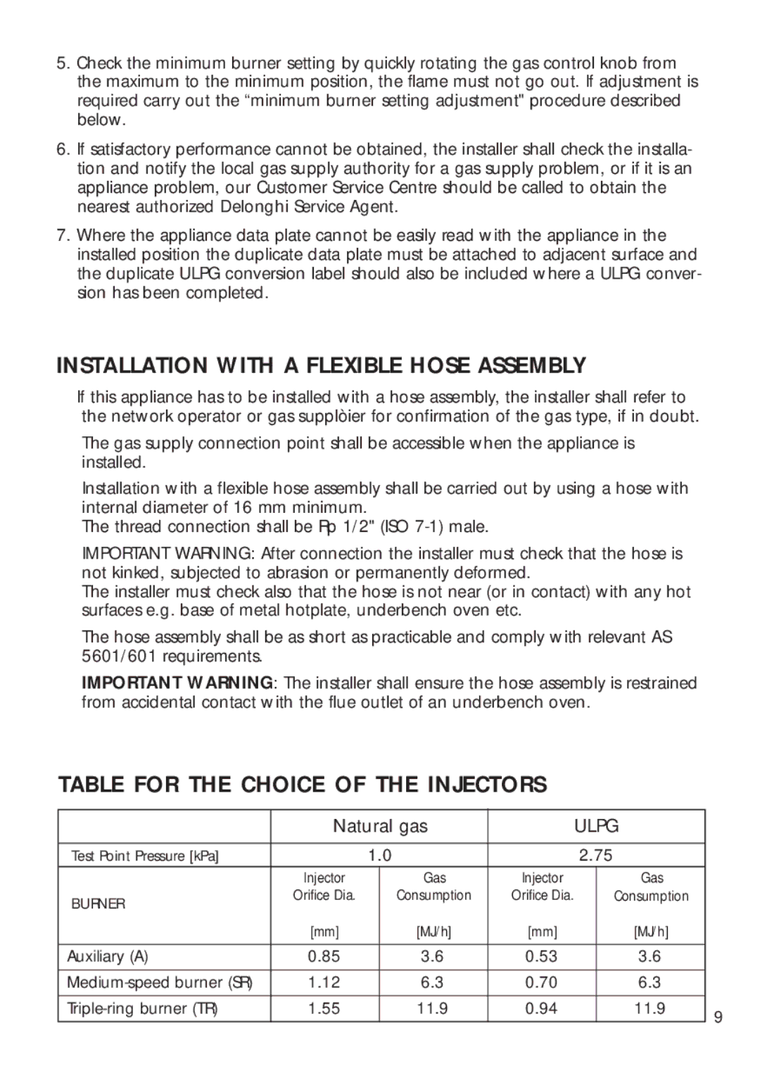 DeLonghi DEGH60WT, DEGH60ST manual Installation with a Flexible Hose Assembly, Table for the Choice of the Injectors 