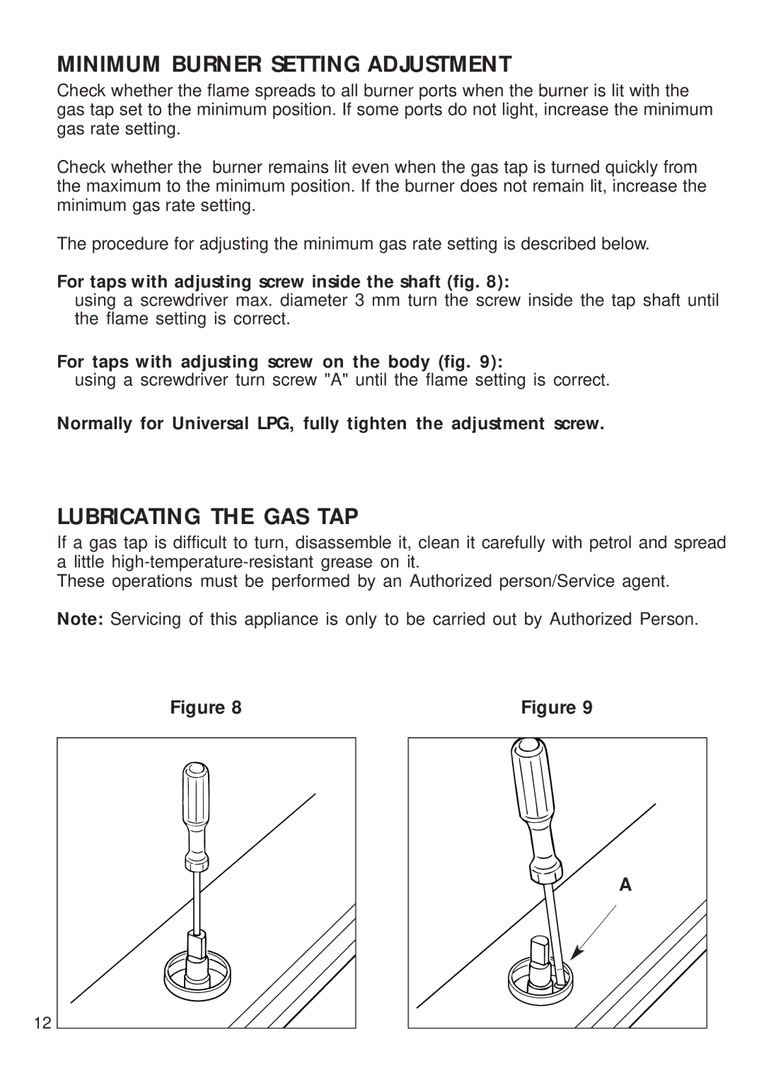 DeLonghi DEGH90WF manual Minimum Burner Setting Adjustment, Lubricating the GAS TAP 