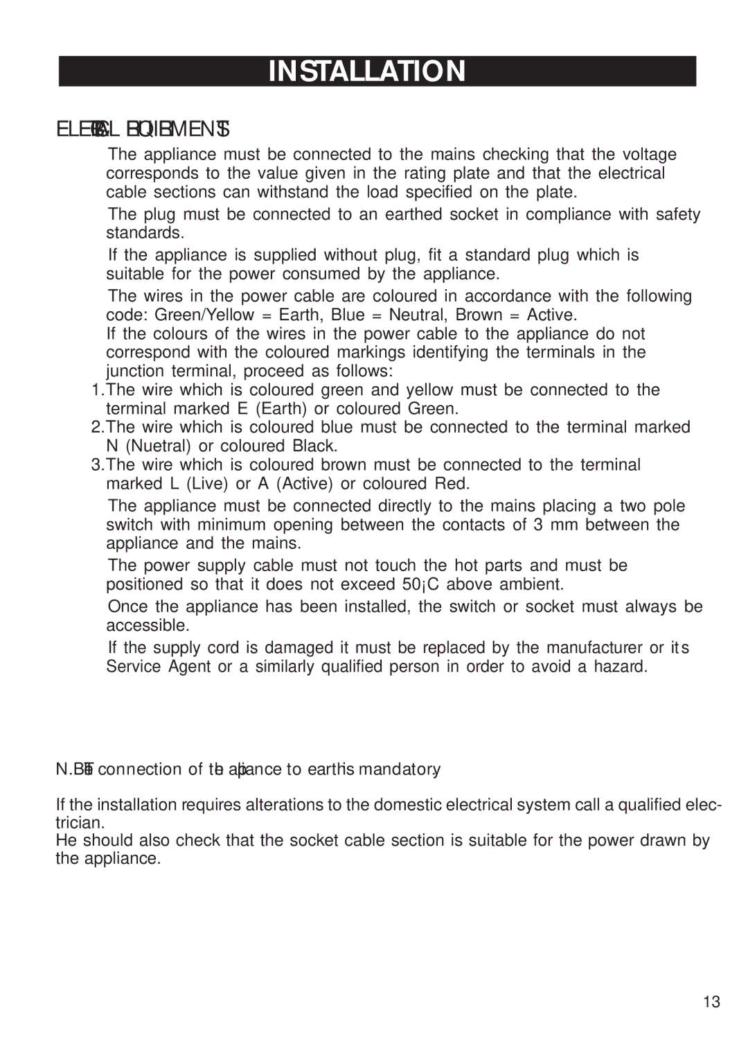 DeLonghi DEGH90WF manual Electrical Requirements 