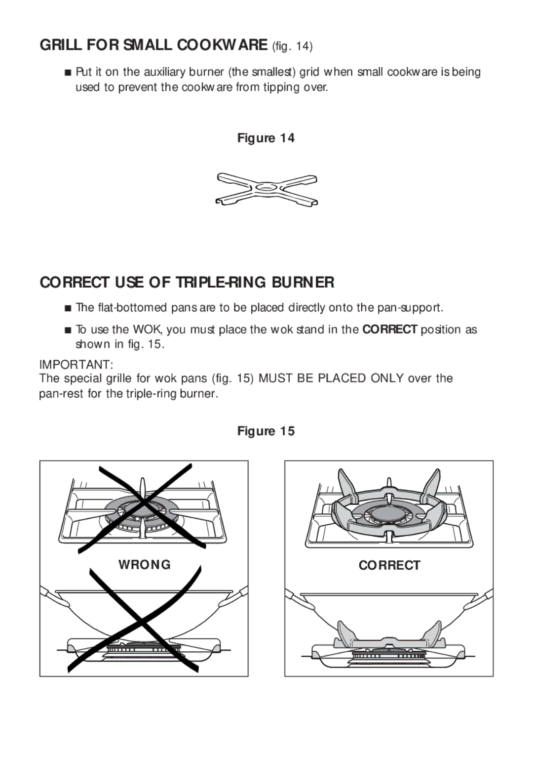 DeLonghi DEGH90WF manual Grill for Small Cookware fig, Correct USE of TRIPLE-RING Burner 