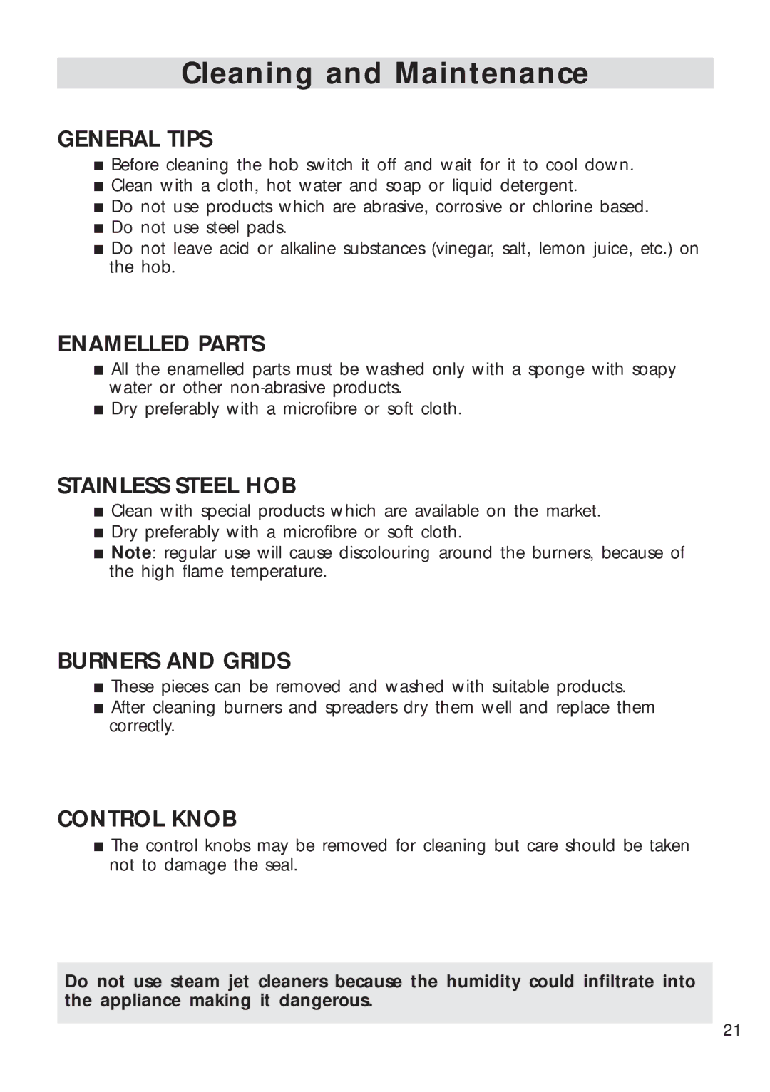 DeLonghi DEGH90WF manual General Tips, Enamelled Parts, Stainless Steel HOB, Burners and Grids, Control Knob 