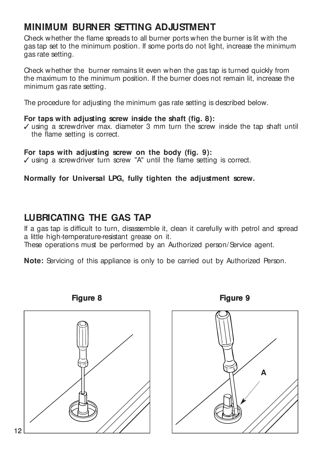 DeLonghi DEGH90WF manual Minimum Burner Setting Adjustment, Lubricating The Gas Tap 