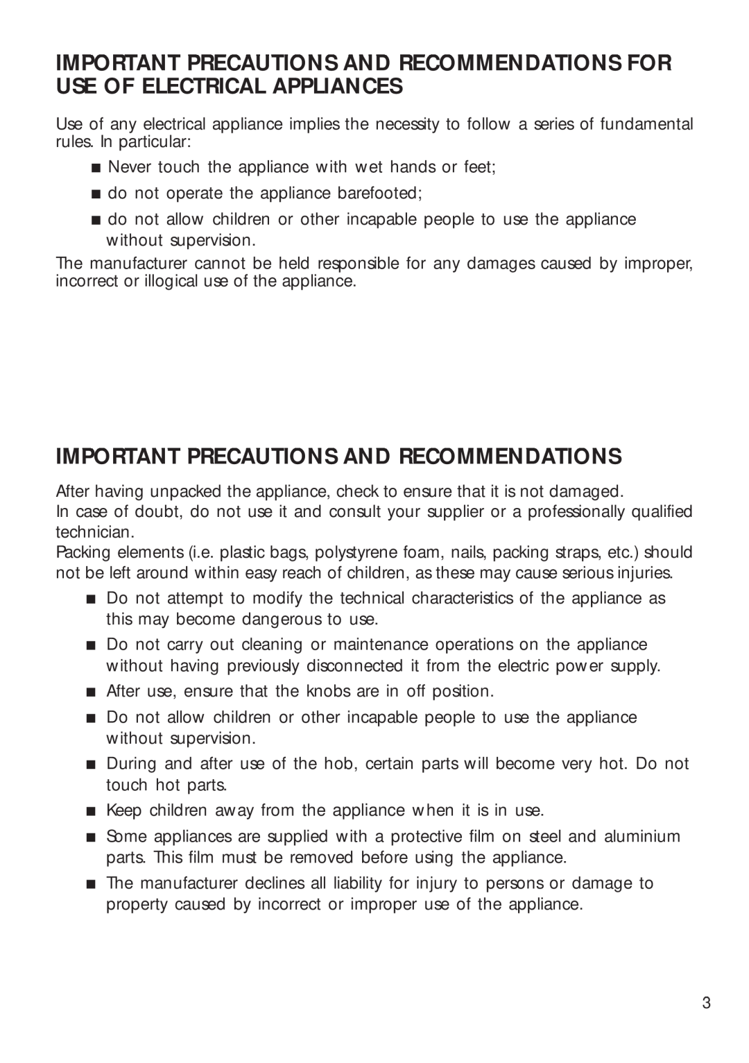 DeLonghi DEGH90WF manual Important Precautions And Recommendations 