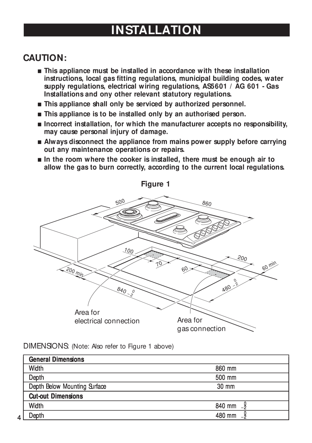 DeLonghi DEGH90WF manual Installation, DIMENSIONS Note Also refer to above, 860 mm, 500 mm, 30 mm, 840 mm, 480 mm 