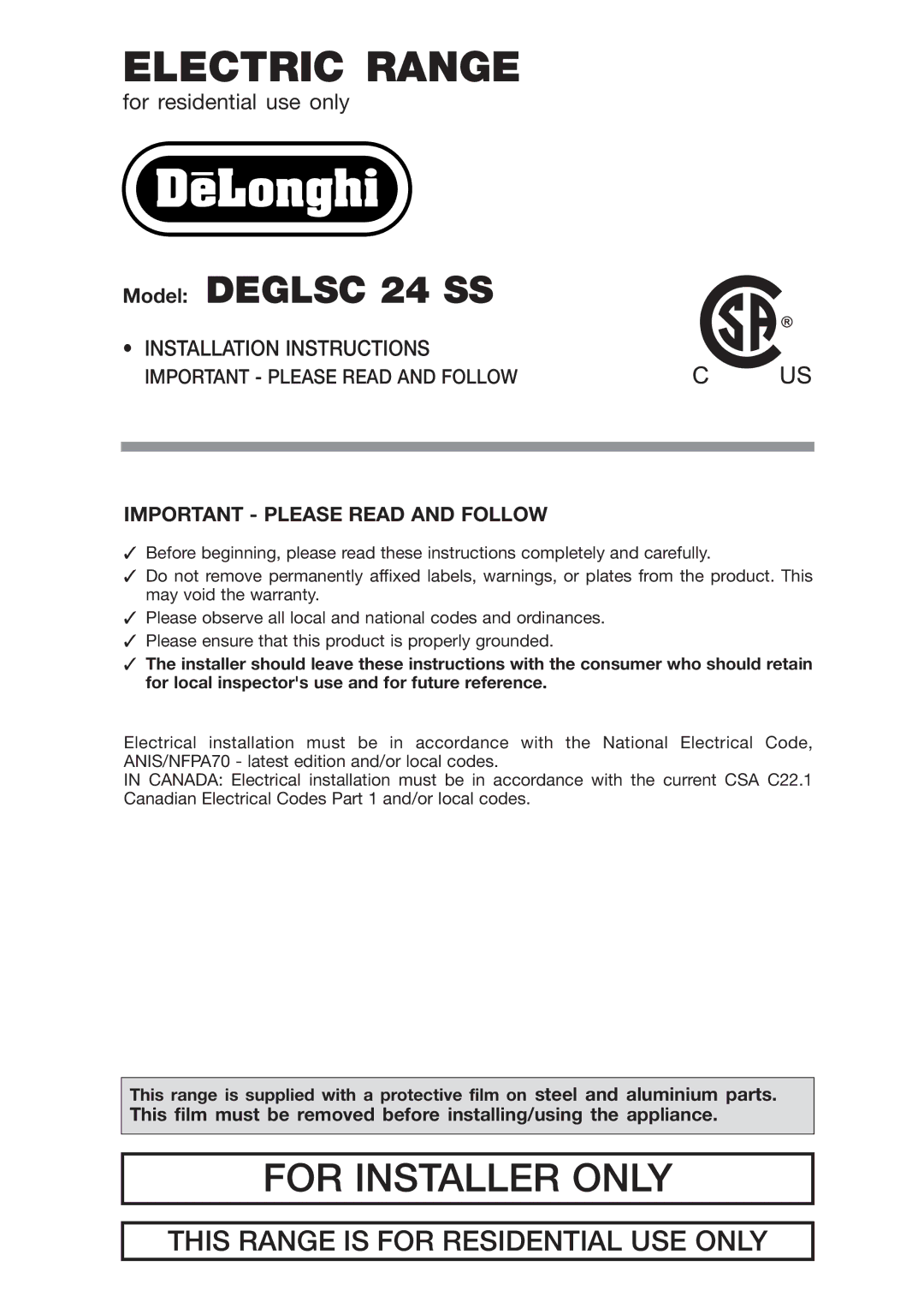 DeLonghi DEGLSC 24 SS warranty Electric Range 