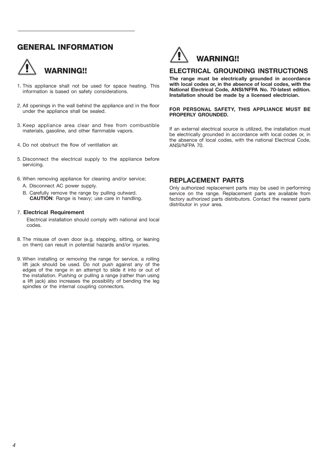 DeLonghi DEGLSC 24 SS warranty Electrical Grounding Instructions, Replacement Parts 