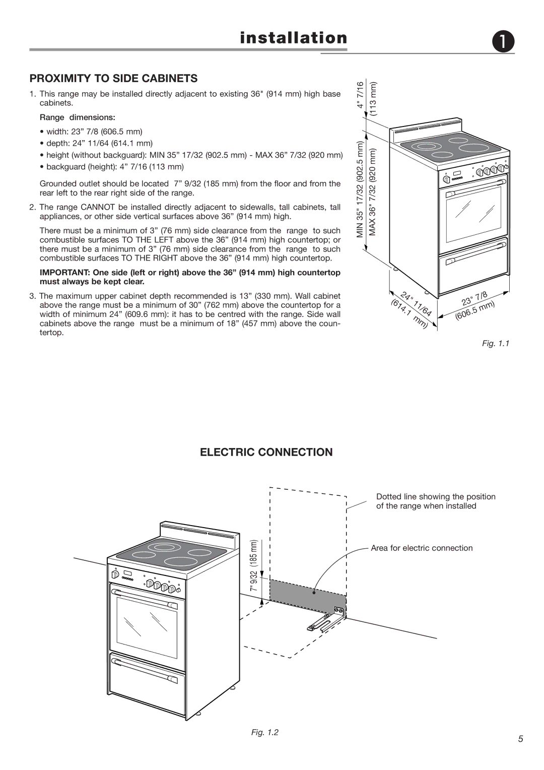 DeLonghi DEGLSC 24 SS warranty Proximity to Side Cabinets, Electric Connection 