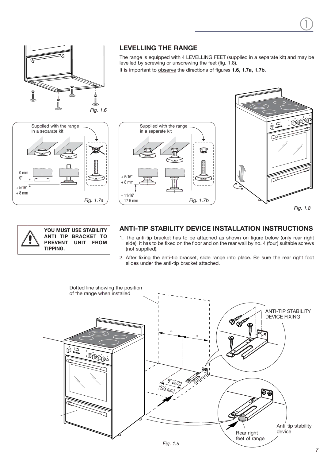 DeLonghi DEGLSC 24 SS warranty Levelling the Range, ANTI-TIP Stability Device Installation Instructions 