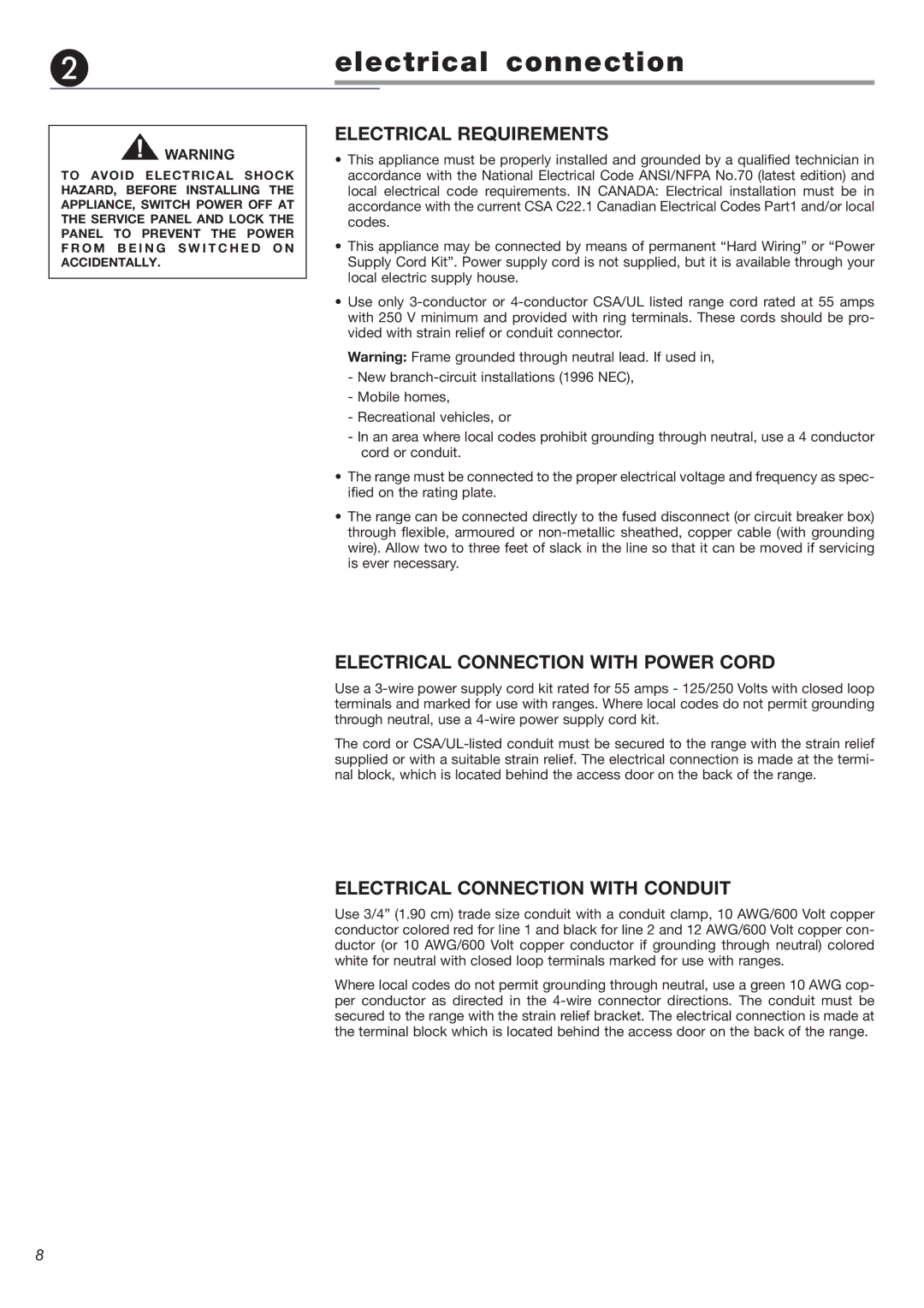 DeLonghi DEGLSC 24 SS Electrical Requirements, Electrical Connection with Power Cord, Electrical Connection with Conduit 