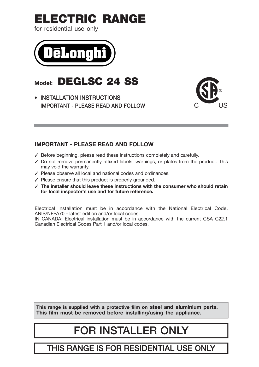 DeLonghi warranty Important - Please Read And Follow, Electric Range, For Installer Only, Model DEGLSC 24 SS 