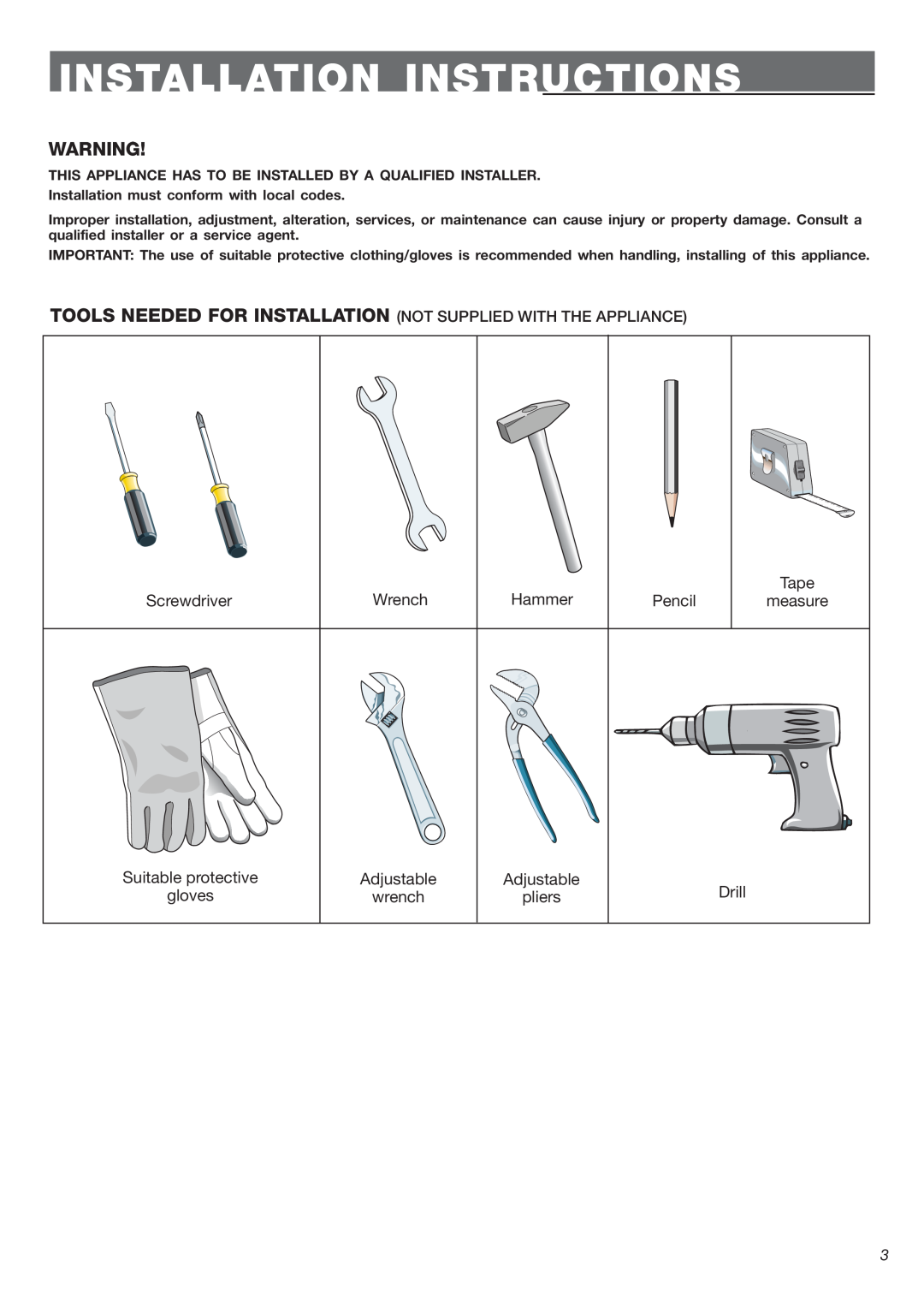 DeLonghi DEGLSC 24 SS Installation Instructions, Screwdriver, Wrench, Hammer, Pencil, Tape measure, Adjustable wrench 