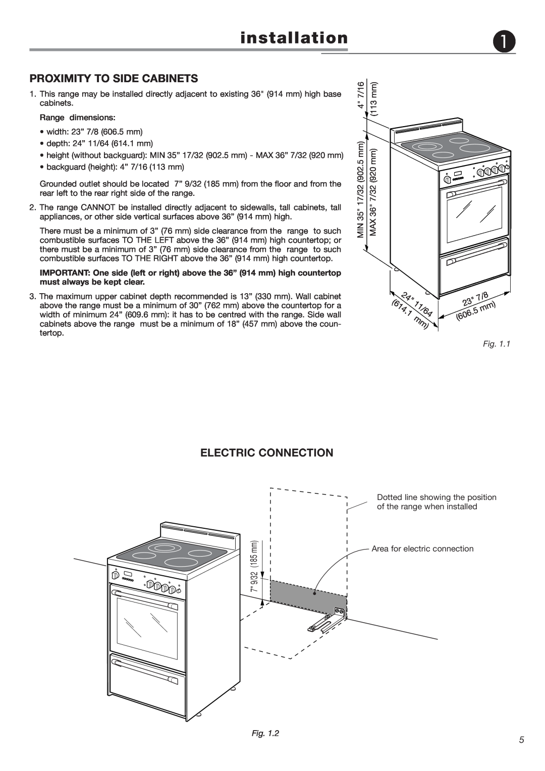 DeLonghi DEGLSC 24 SS warranty installation, Proximity To Side Cabinets, Electric Connection 