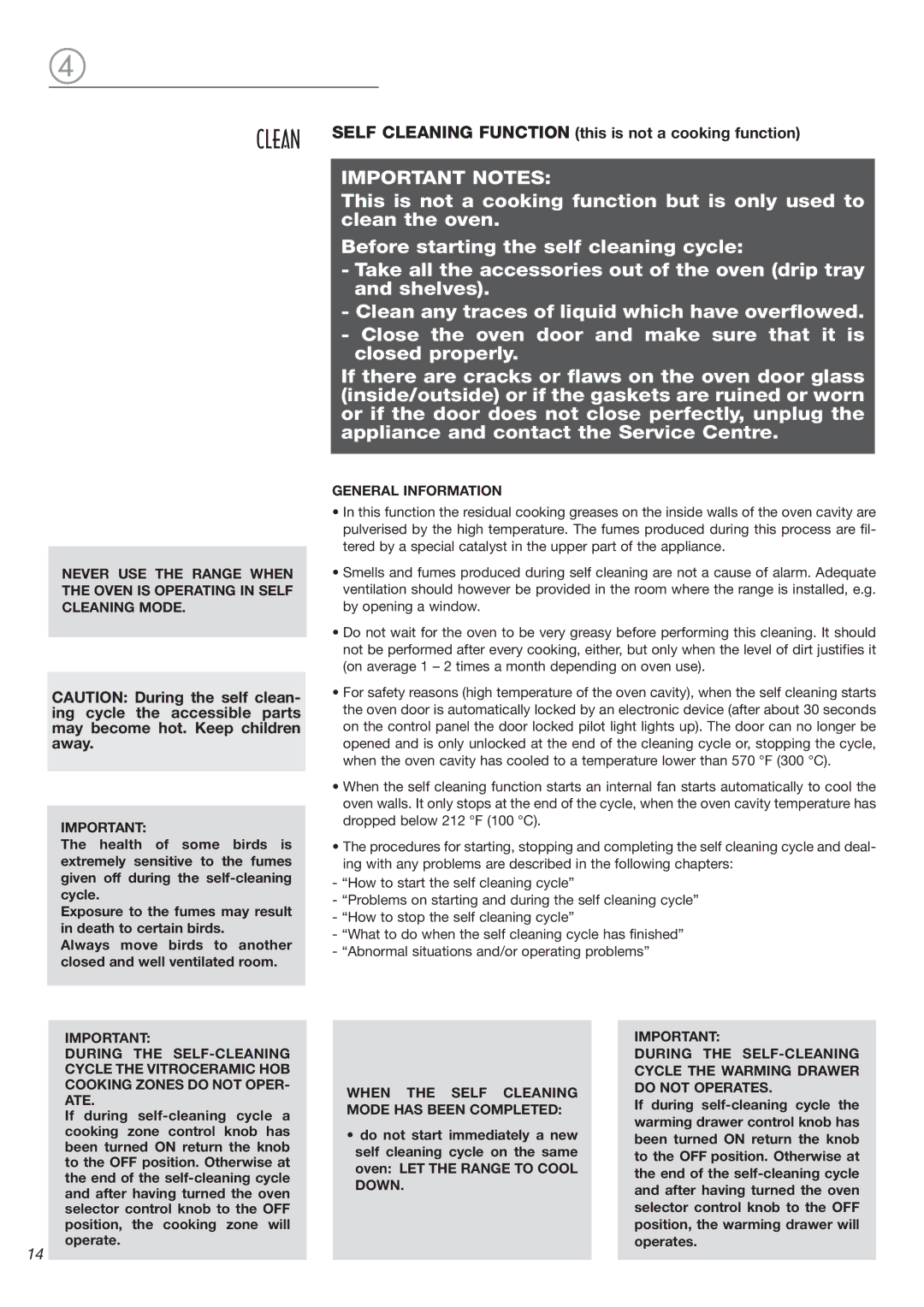 DeLonghi DEGLSC24SS warranty Important Notes, Self Cleaning Function this is not a cooking function 