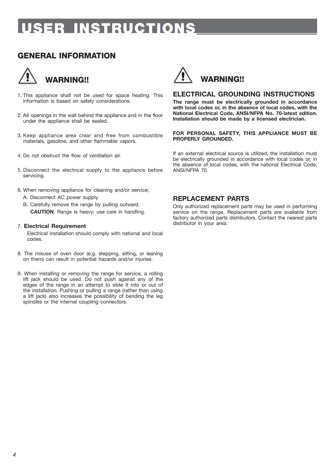 DeLonghi DEGLSC24SS warranty Electrical Grounding Instructions, Replacement Parts, Electrical Requirement 