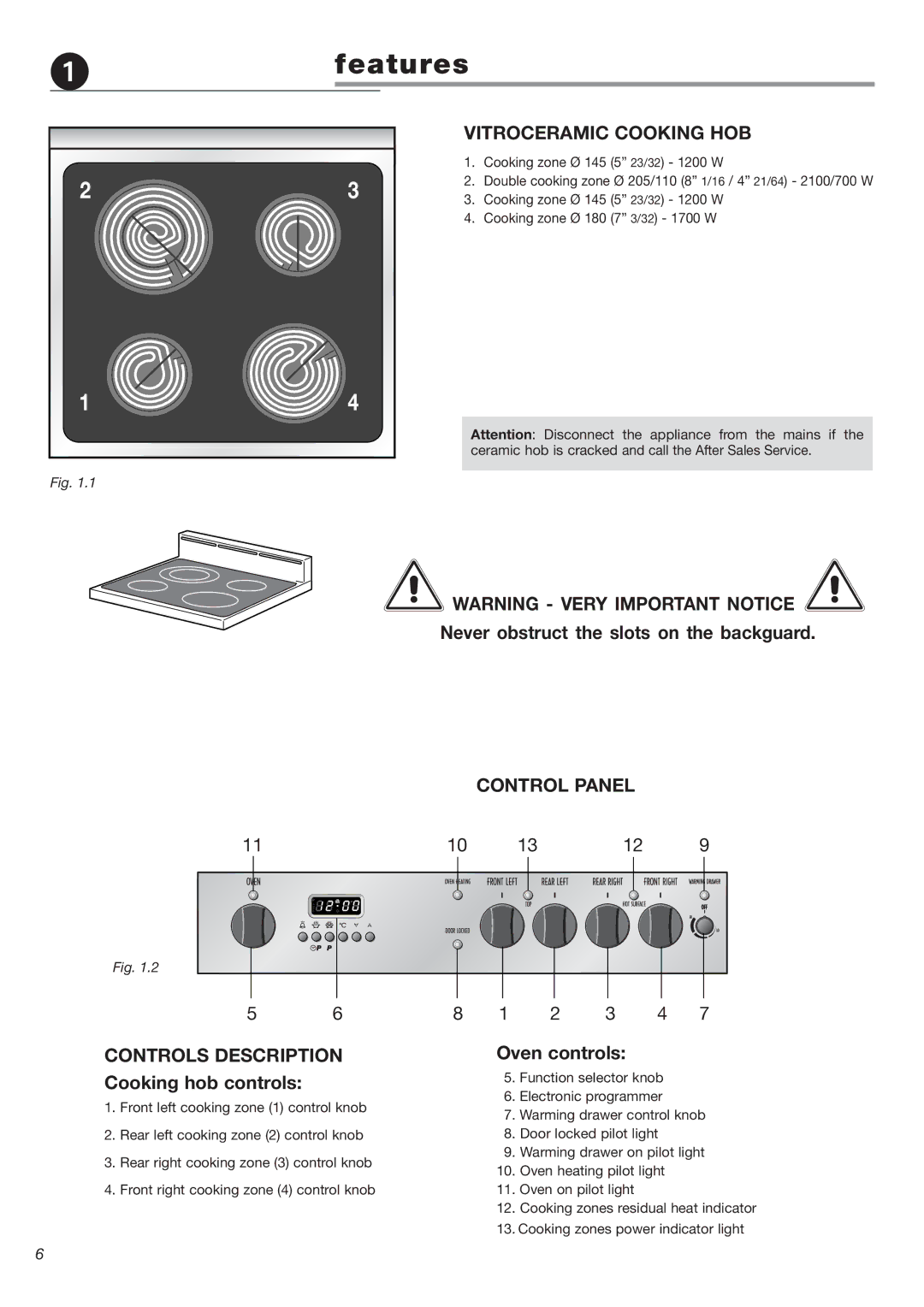 DeLonghi DEGLSC24SS warranty Features, Vitroceramic Cooking HOB, Never obstruct the slots on the backguard, Control Panel 