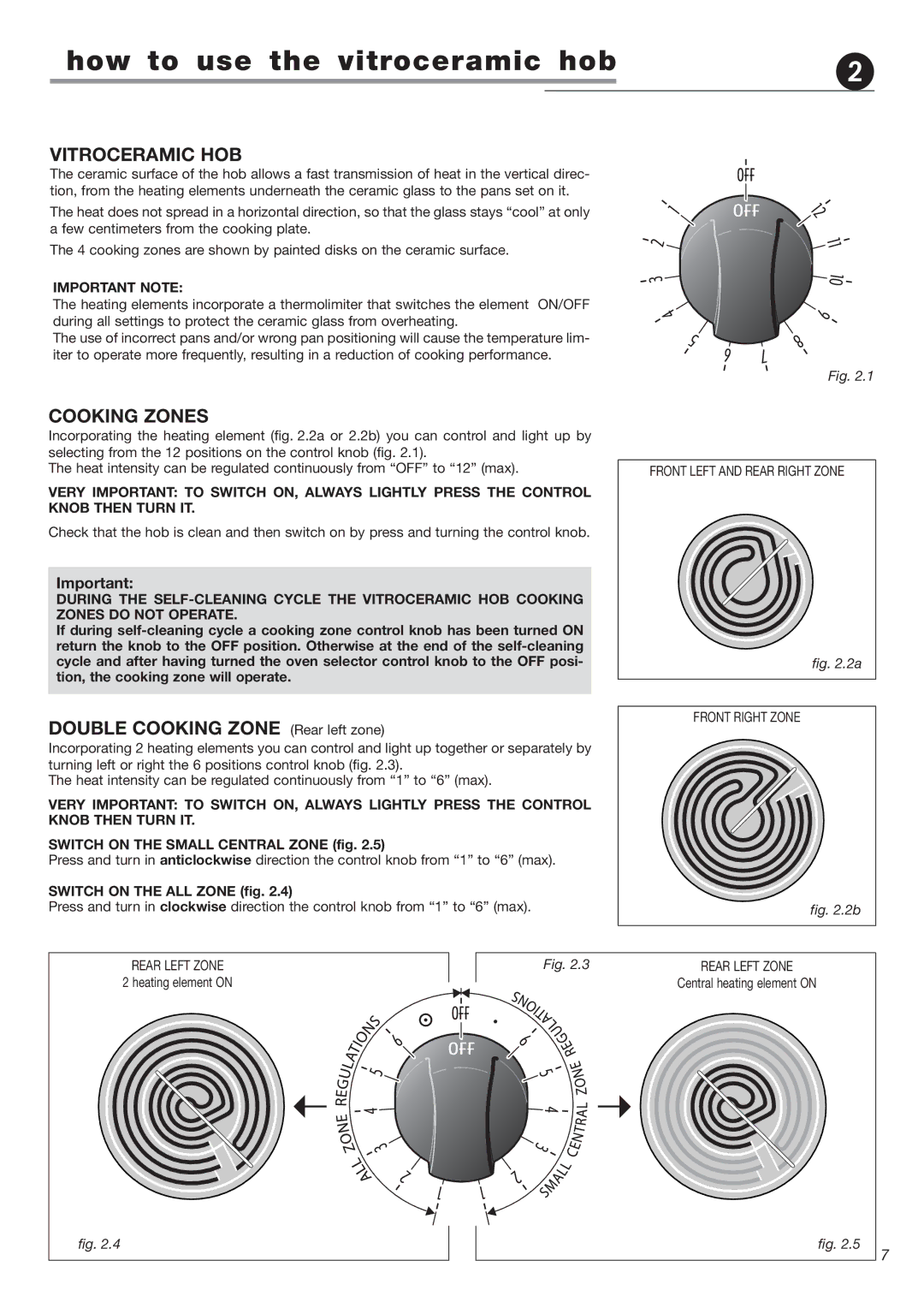 DeLonghi DEGLSC24SS How to use the vitroceramic hob, Vitroceramic HOB, Cooking Zones, Double Cooking Zone Rear left zone 