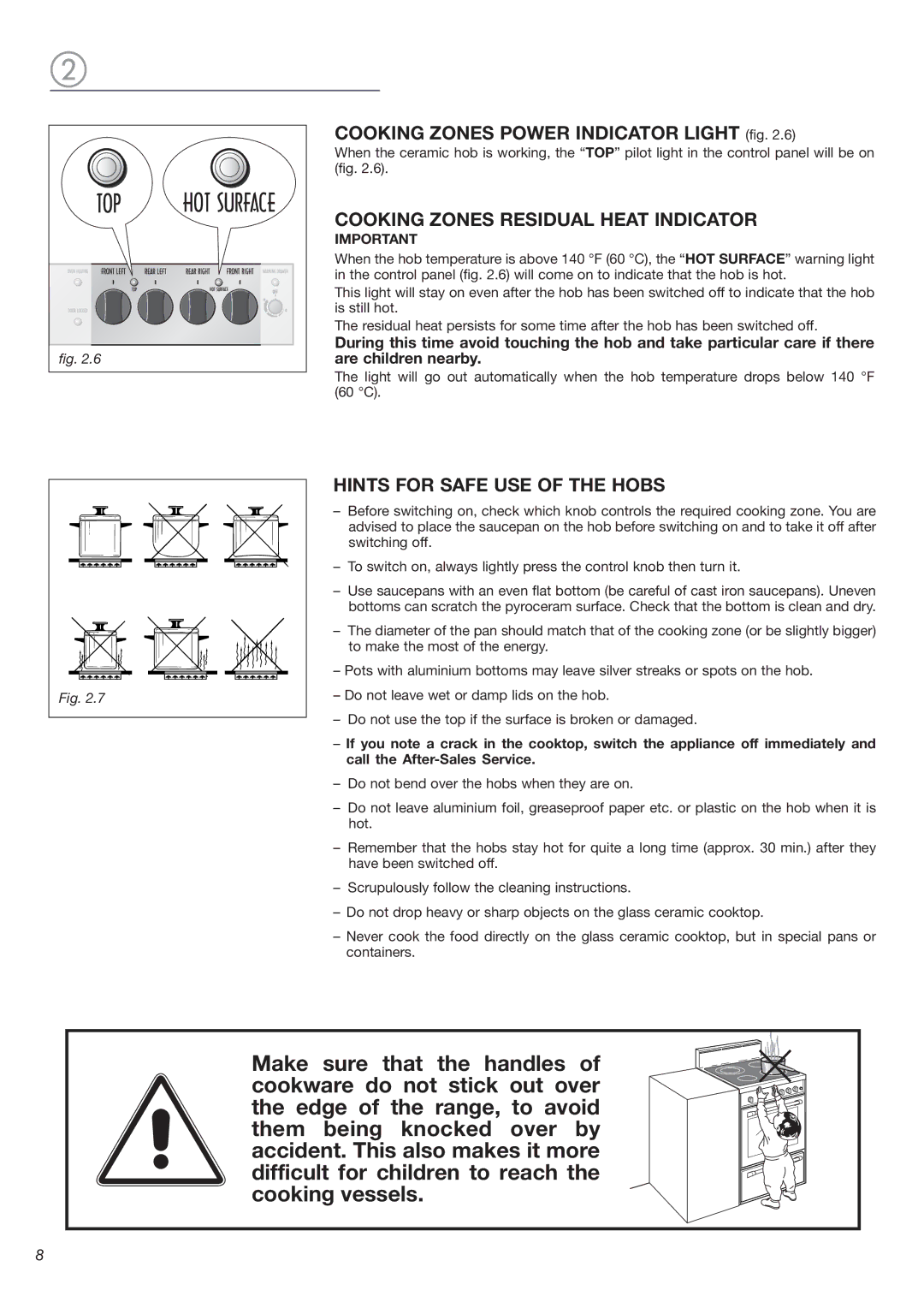 DeLonghi DEGLSC24SS warranty Cooking Zones Power Indicator Light fig, Cooking Zones Residual Heat Indicator 