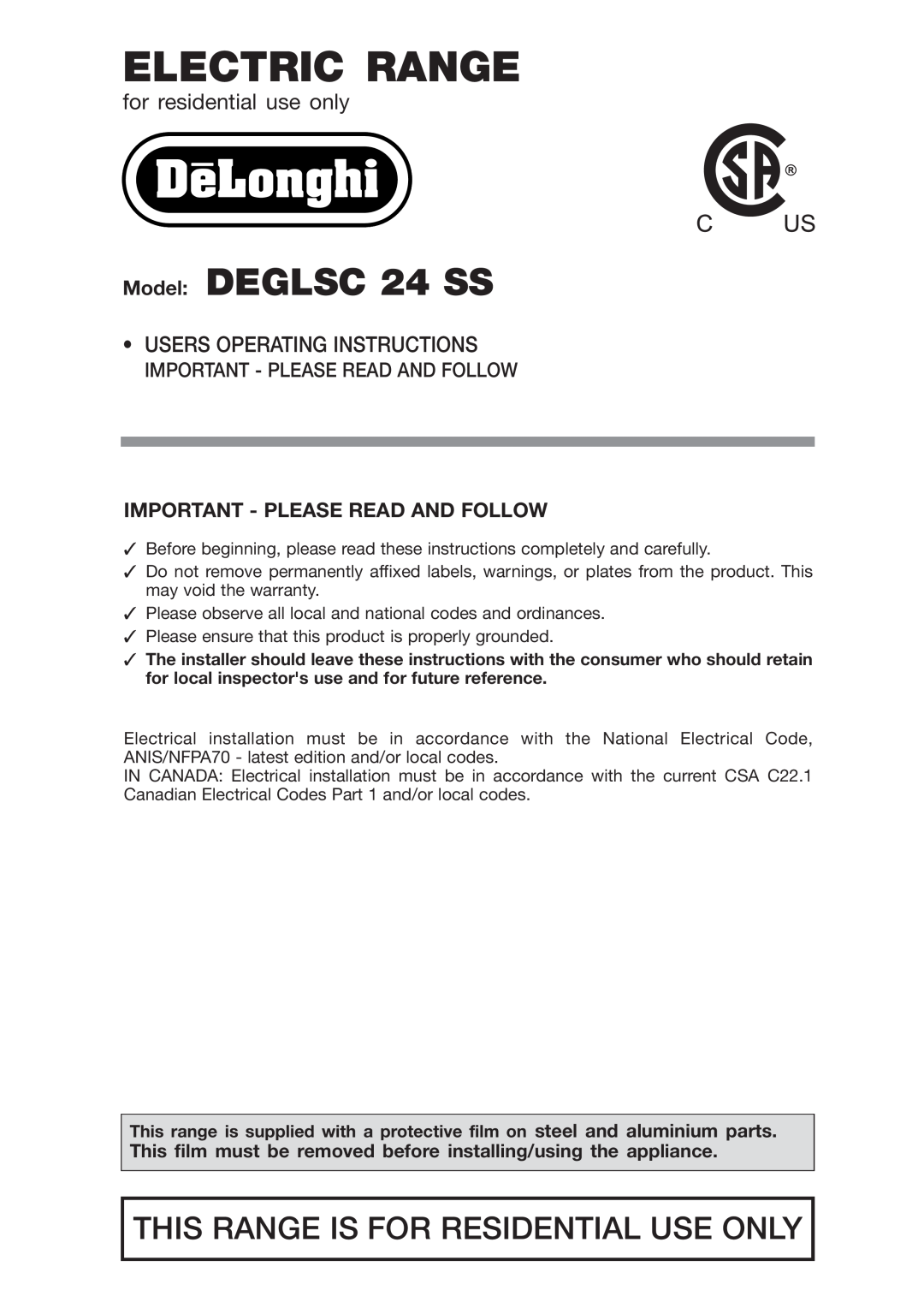 DeLonghi DEGLSC24SS warranty Important - Please Read And Follow, Electric Range, Model DEGLSC 24 SS 